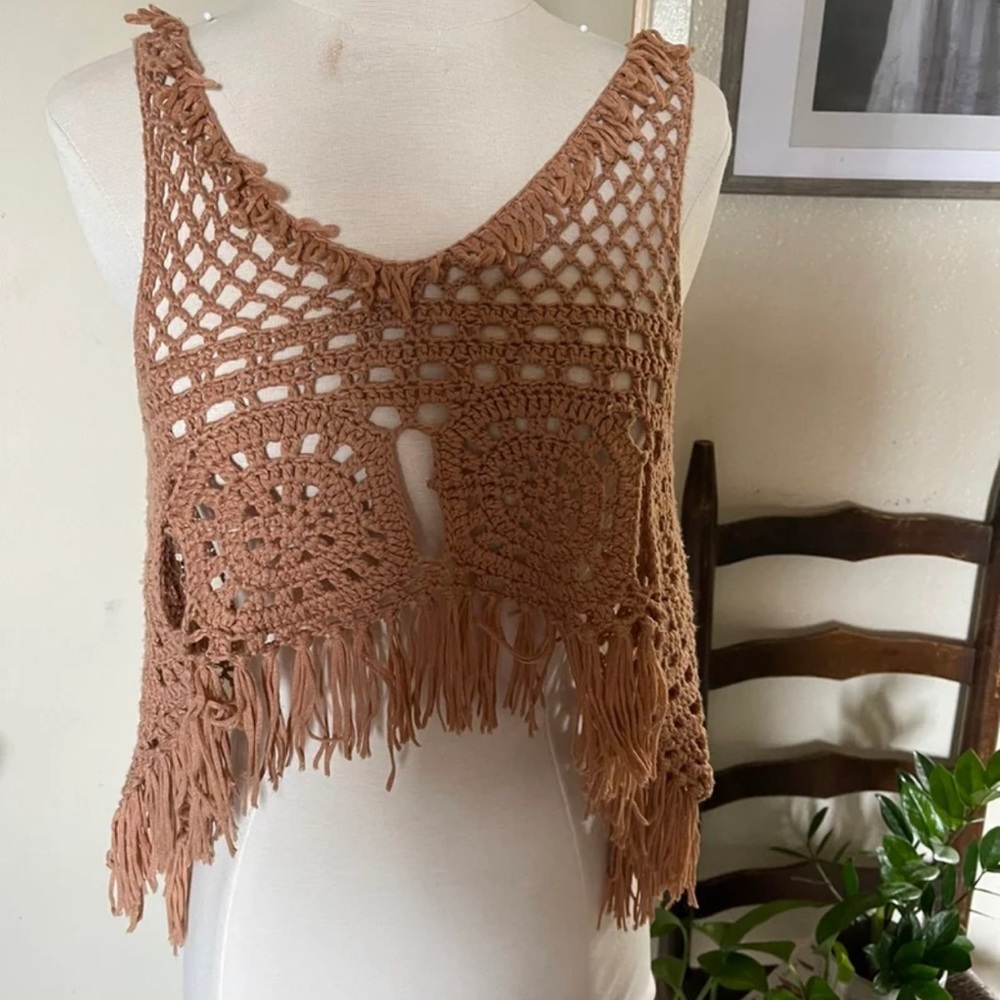 Pink rose crochet blush fringe cropped mesh top Sz s Emily in Paris festival